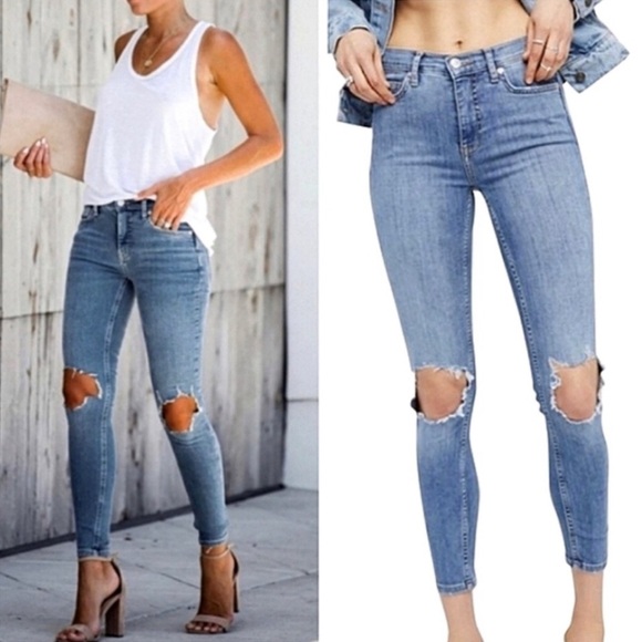 We The Free By Free People Denim Pants Skinny Stretch Distressed Blue Size 26 - Picture 3 of 8